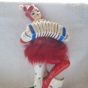 Vintage Napco Sonsco Enesco Devil Ballerina Jester Playing Accordion w/ fur tutu